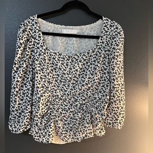 White and Black Ruched Button Front Top